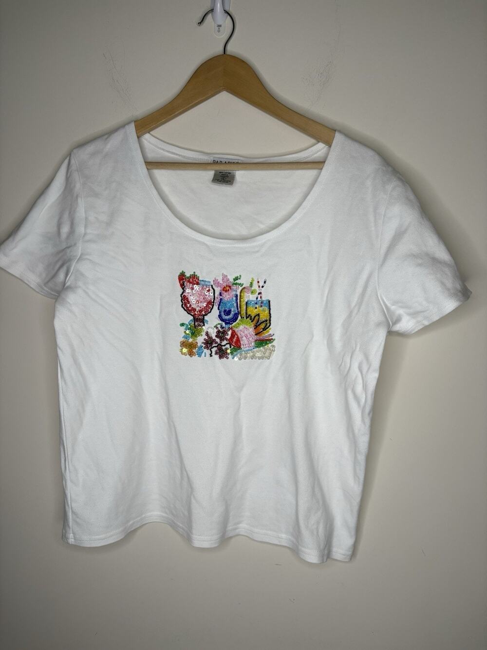 Paradiso Womens Size L Shirt Beaded T-Shirt Cocktails Cotton Short Sleeve